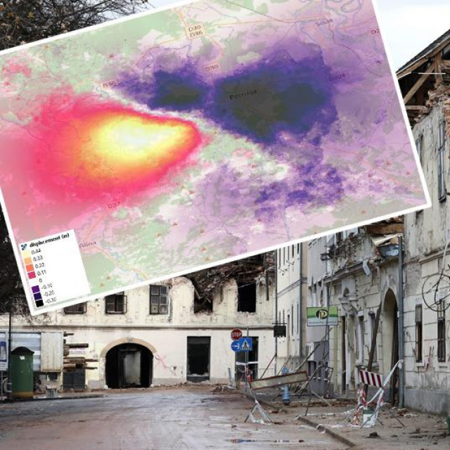 Razrušena Petrinja; u okviru: satelitske snimke