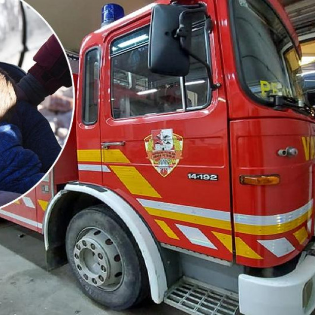 Pokvareno vozilo petrinjskih vatrogasaca; u krugu: Josip i Leon Hodak