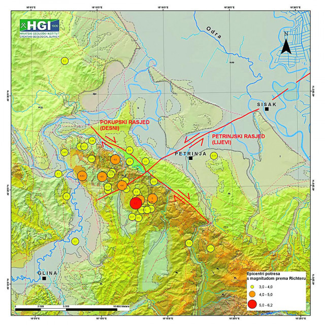 Geološka karta područja Petrinje i Siska s naglašenim glavnim rasjedima