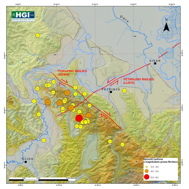 Geološka karta područja Petrinje i Siska s naglašenim glavnim rasjedima iz aktiviranih sustava rasjeda koji su uzrokovali potrese 28. i 29.12.2020.