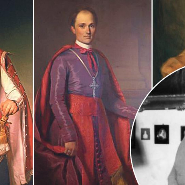 Slavni portret bana Jelačića, portret biskupa Strossmayera, portert barunicu Albertina Adrowski, Zlata Lubienski (u krugu)