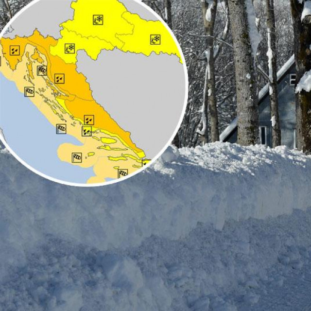 Prizor iz Begova Razdolja snimljen 13. siječnja (glavna fotografija), upozorenja Meteoalarma za nedjelju (u krugu)