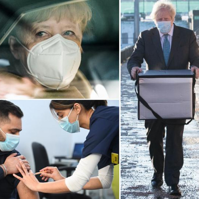 Lijevo: Angela Merkel i prizor cijepljenja u Britaniji; U sredini: Boris Johnson nosi kutiju s cjepivima AstraZenece; Desno: Doza cjepiva i Ursula von der Leyen