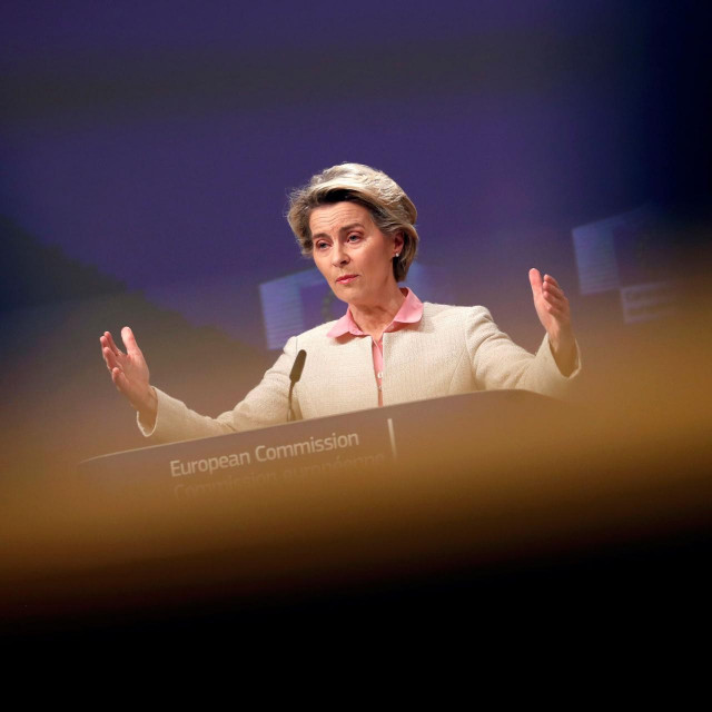 (FILES) In this file photo taken on December 24, 2020 European Commission President Ursula von der Leyen gestures during a media conference in Brussels. - The EU commission chief has defended the slower Covid-19 vaccine rollout in the bloc as a ”good decision”, saying the European Union would not put the safety of citizens at risk, in an interview published on February 2, 2021. (Photo by Francisco Seco/POOL/AFP)