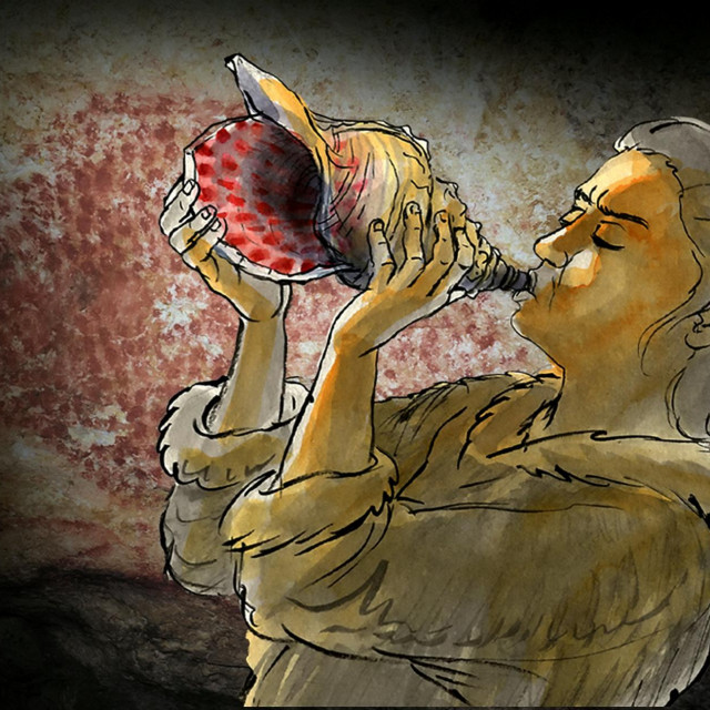 Ilustracija prapovijesnog svirača školjke