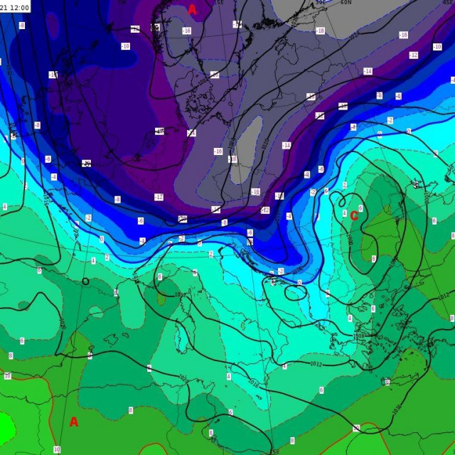 ECMWF prognoza prizemnog tlaka zraka i temperature na 850 hPa za četvrtak, 11. 2. 2021. u 12 UTC