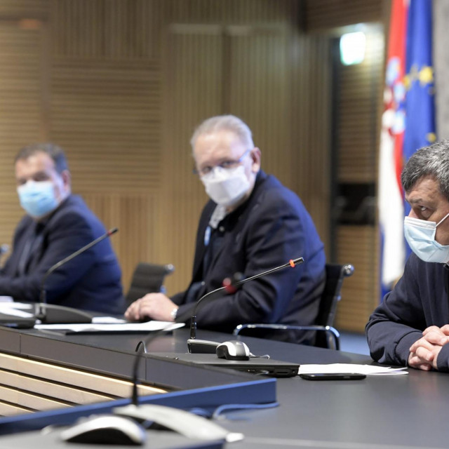 Konferencija za medije Stožera civilne zaštite Republike Hrvatske.
Na fotografiji: Alemka Markotić, Vili Beroš, Davor Božinović, Bernard Kaić
