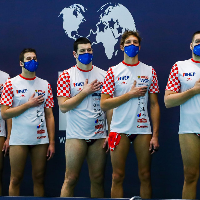 14-02-2021: Waterpolo: Croatia v Romania: Rotterdam ROTTERDAM, NETHERLANDS - FEBRUARY 14: Team Croatia during the Olympic Waterpolo Qualification Tournament 2021 match between Croatia and Romania at Zwemcentrum Rotterdam on February 14, 2021 in Rotterdam, Netherlands (Photo by Marcel ter Bals/Orange Pictures)