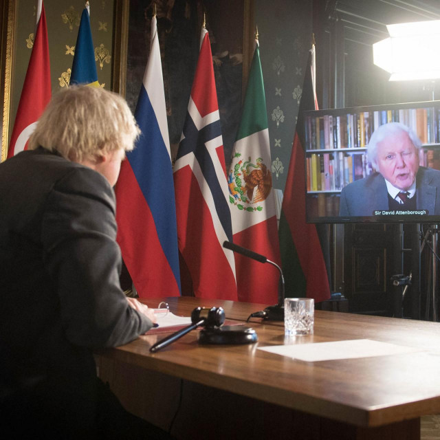 Na fotografiji: Boris Johnson gleda video obraćanje Davida Attenborougha