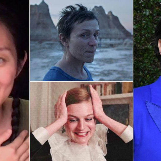Chloe Zhao, Frances McDormand, Emma Corrin i Sascha Baron Cohen