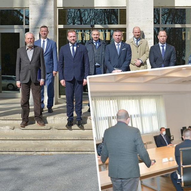 Ministar Banožić s predstavnicima hrvatskih tvrtki, FER-a i TVZ-a te u društvu počasnog konzula Ukrajine u RH Ivicom Pirićem ispred zgrade MORH-a (glavna fotografija); Ministar Banožić sa sugovornicima, uključujući prof. dr. sc. Krešimira Ćosića, na sastanku u MORH-u (dolje desno)