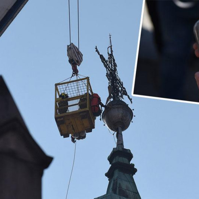 Uklanjanje križa u Karlovcu (glavna fotografija), pronađeni svitak (gore desno)