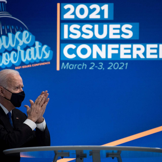 US President Joe Biden attends a virtual meeting with House Democrats from the Eisenhower Executive Office Building on March 3, 2021, in Washington, DC. (Photo by Brendan Smialowski/AFP)