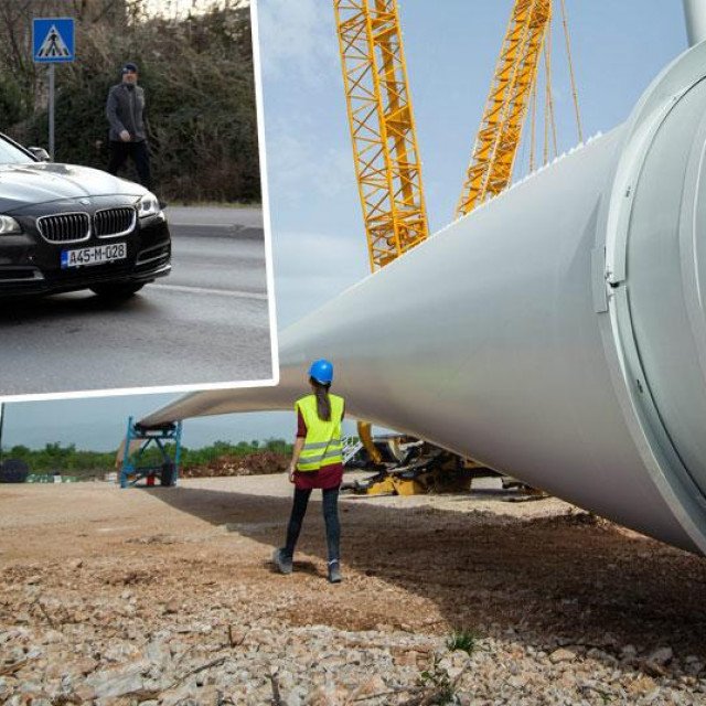 Gradilište vjetroelektrane Krš-Pađene (glavna fotografija); Bašić i Stipić BMW-om odlaze nakon izlaska iz Remetinca