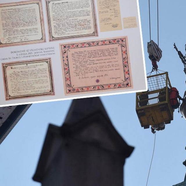 Uklanjanje križa u Karlovcu (glavna fotografija), pronađeni svici (gore lijevo i desno)