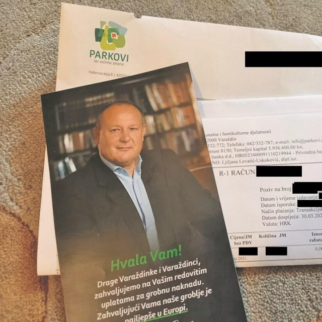 Alen Runac na posebnom letku zahvaljuje na redovitim uplatama za grobnu naknadu, što je istaknuto ispod njegove slike. Na poleđini su nabrojani projekti provedeni za njegova mandata