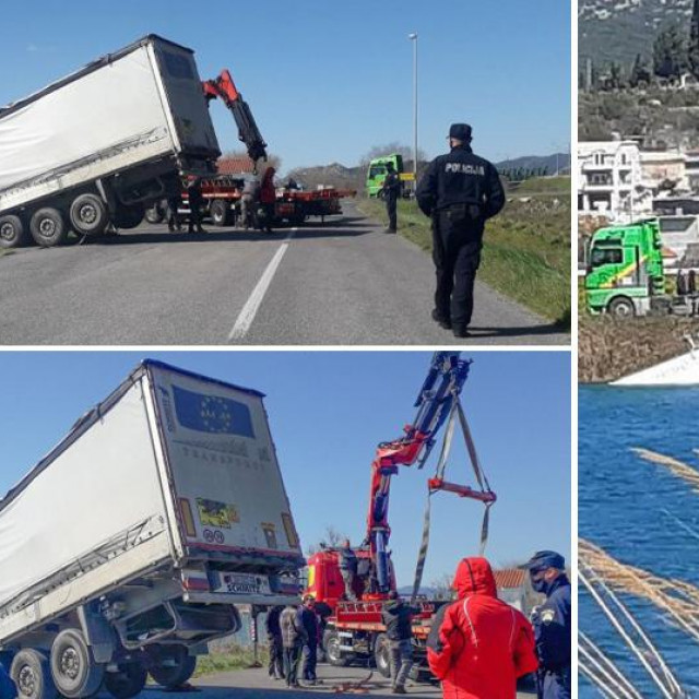 Prikolica tegljača u koritu Neretve