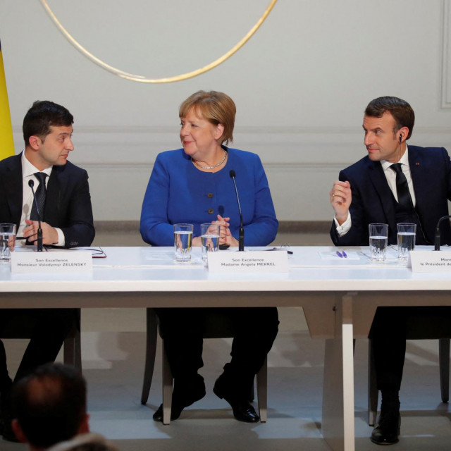 Ukrajinski predsjednik Volodymyr Zelensky, njemačka kancelarka Angela Merkel i francuski predsjednik Emmanuel Macron