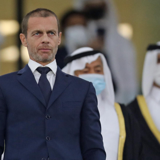 Aleksander Ceferin, president of the Union of European Football Associations (UEFA) attends the Amir Cup final football match between al-Sadd and al-Arabi at Al-Rayyan Stadium in Al-Rayyan, Qatar, on December 18, 2020. (Photo by KARIM JAAFAR/AFP)