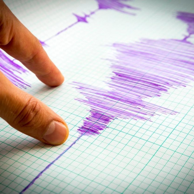 Seismological device for measuring earthquakes. Seismological activity lines on the sheet of measuring paper. Earthquake wave on graph paper. Vignette image. Human finger showing a detail.,Image: 299915021, License: Royalty-free, Restrictions:, Model Release: no, Credit line: Pluto/Alamy/Alamy/Profimedia