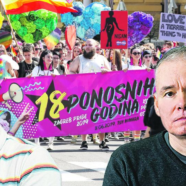 Hrvoje Klasić (L), Renato Matić (D), povorka ponosa u pozadini