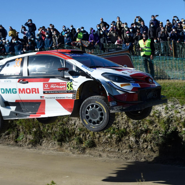 British driver Elfyn Evans steers his Toyota Yaris WRC with British co-driver Scott Martin during the SS18 stage of the Rally of Portugal near Fafe, on May 23, 2021. (Photo by MIGUEL RIOPA/AFP)