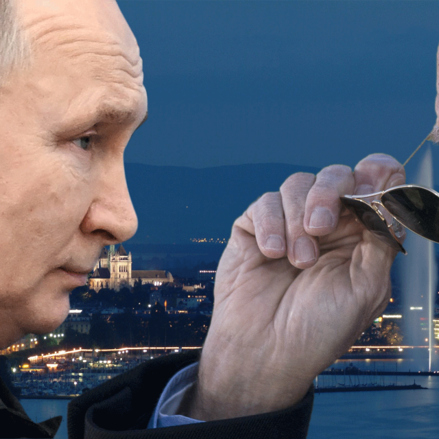 Vladimir Putin, Joe Biden i Ženeva u pozadini