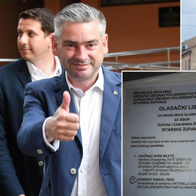 Boris Miletić i Danijel Ferić te primjer glasačkog listića koji, prema tvrdnji SDP-a, nije uvažen kao valjan, a trebao je biti