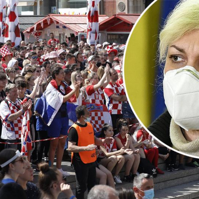 Gledanje utakmice na Trgu bana Jelačića, Marija Bubaš (u krugu)