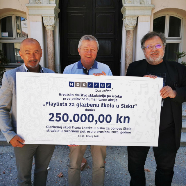 250 tisuća kuna za povratak glazbe: Nenad Marčec, direktor ZAMP-a, Tomislav Ivšić, ravnatelj škole i Mladen Tarbuk, predsjednik HDS-a