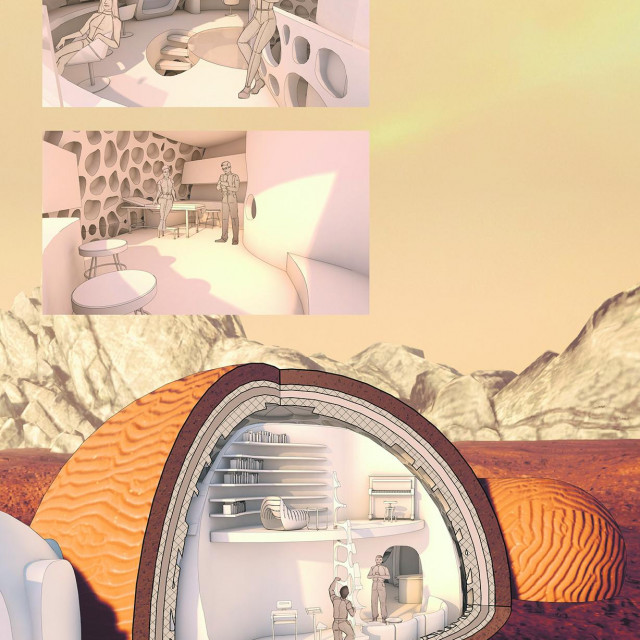 Iznad mini dnevne sobe i fitnessa (odvojeni su ljestvama) smještena je galerija koja služi kao soba za yogu, čitanje i glazbu.
Dvije manje fotografije (gore) pokazuju sobu za komunikacije sa Zemljom i medicinski i znanstveni laboratorij te članove posade kako ih koriste


 