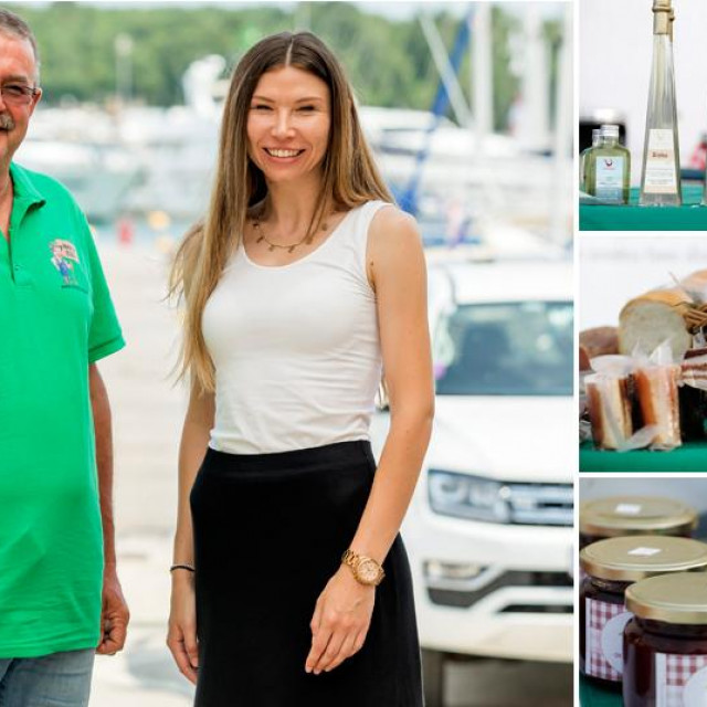 Silvano Bartolić (potpredsjednik udruge Istarska web tržnica) i Ana Čehić (tajnica udruge), proizvodi s tržnice u amrini Funtana