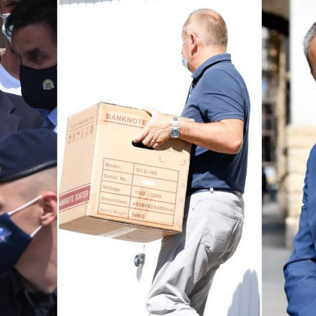 Kazimir Bačić (lijevo), istražitelji USKOK-a s brojačem novca (sredina), Milan Bandić (desno)