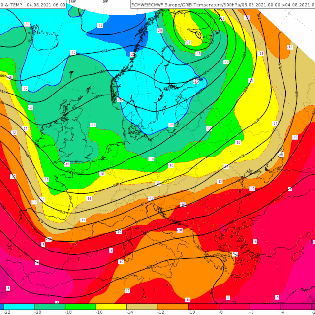 ECMWF prognoza apsolutne topografije i temperature 500 hPa plohe u razdoblju od 3. 8. 2021. u 6 UTC do 6. 8. 2021. u 12 UTC