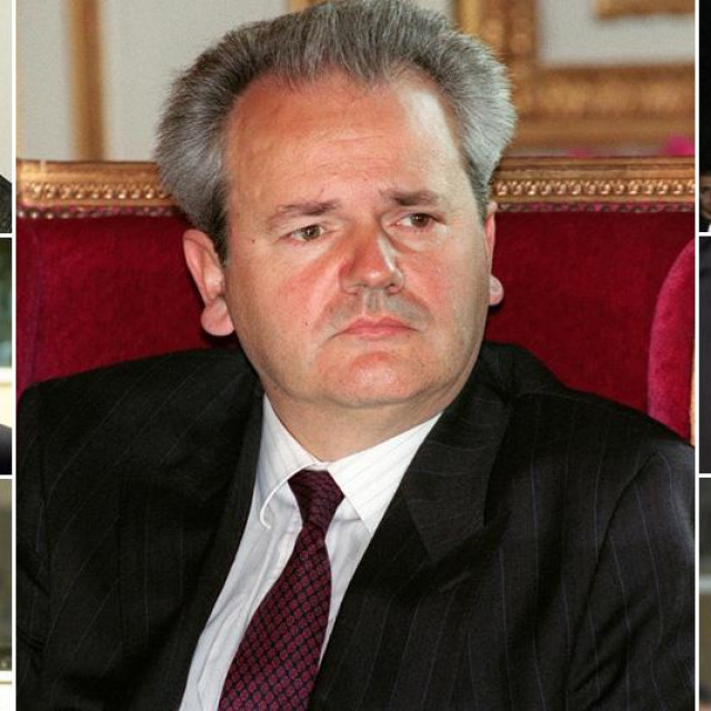 Lijevo, prema dolje: Ratko Mladić, Milan Martić, Milan Babić; u sredini: Slobodan Milošević; Desno, prema dolje: Željko Ražnatović Arkan, Goran Hadžić, Mihalj Kertes