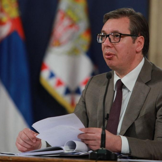 BELGRADE, SERBIA - JUNE 16: Serbian President Aleksandar Vucic holds a press conference regarding the new round of talks between Serbia and Kosovo relations in Belgrade, Serbia on June 16, 2021. Milos Miskov/Anadolu Agency (Photo by Milos Miskov/ANADOLU AGENCY/Anadolu Agency via AFP)