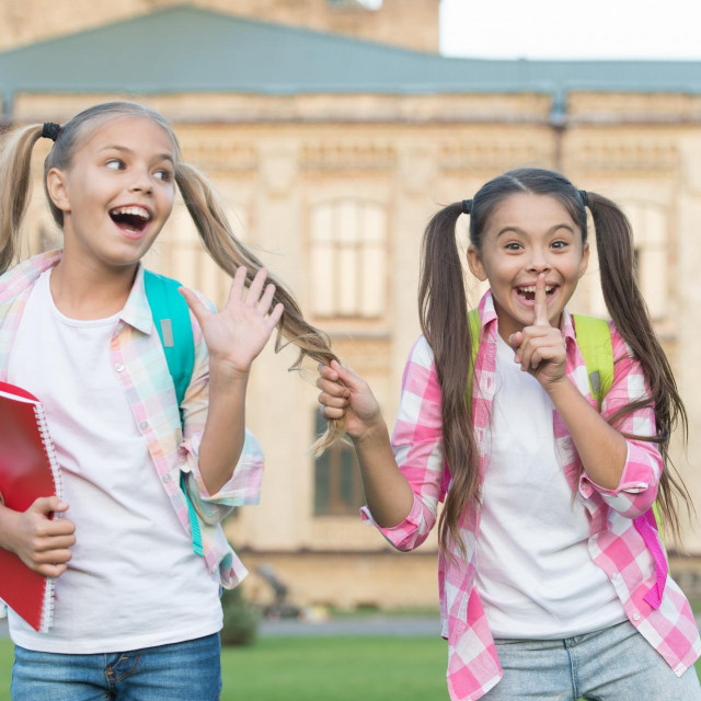Happiness and joy. Smiling friends having fun at school yard. Happy schoolmates. School camp. Modern education. Teens with backpacks. Girls school background. STEM summer camps and courses for kids.