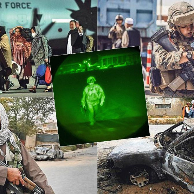 Do ponedjeljka je iz zemlje evakuirano 114.000 osoba u najvećoj takvoj akciji u povijesti, a u ponedjeljak je u zemlji bilo manje od 4000 vojnika koji su završavali operaciju. Na noćnoj fotografiji u sredini: Chris Donahue, posljednji američki vojnik napušta afganistansko tlo