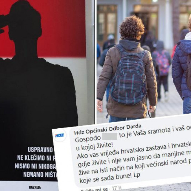 Bilježnica koja se dijelila školarcima u Dardi, ilustracija učenika i screenshot odgovora HDZ-a Darda
