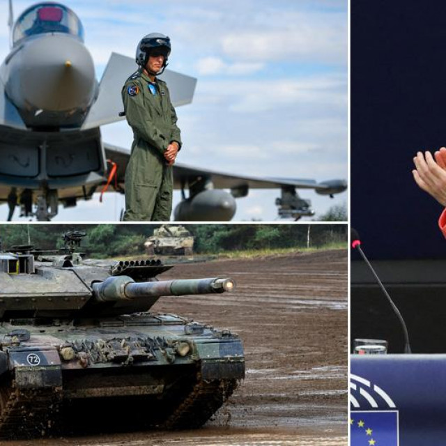 Njemački borbeni avion Eurofighter, njemački tenk Leopard 7A i šefica EK Ursula von der Leyen