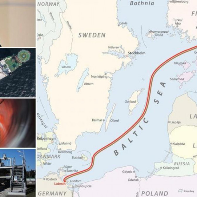 Karta koja prikazuje kuda prolazi plinovod Sjeverni tok 2, s lijeve strane Vladimir Putin i prizori gradnje plinovoda