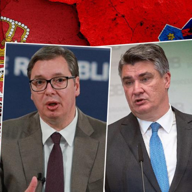 Aleksandar Vučić i Zoran Milanović, u pozadini srbijanska i hrvatska zastava