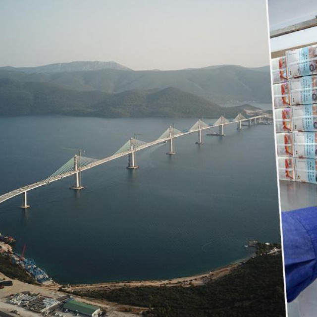 Pelješki most i ilustracija novčanica kuna