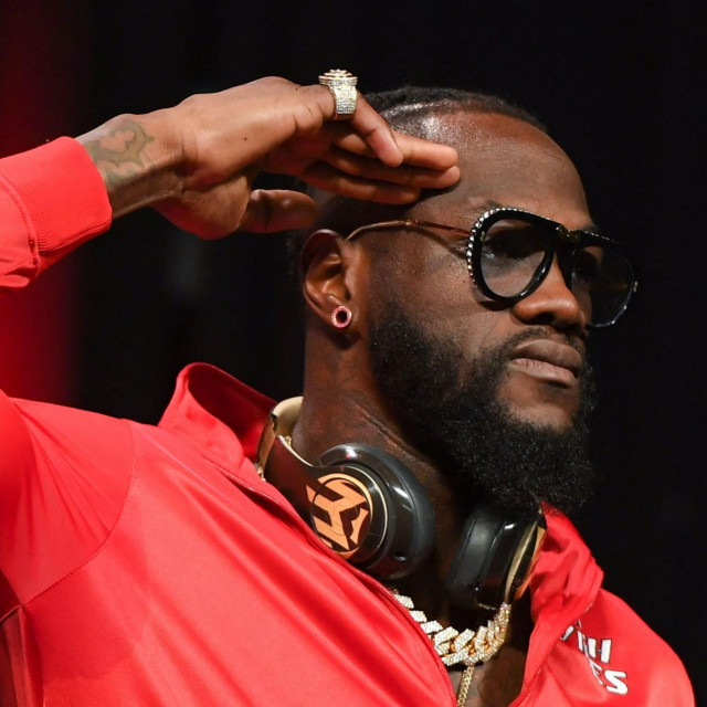 US boxer Deontay Wilder attends a press conference with British boxer Tyson Fury (out of frame) for their WBC heavyweight championship fight, October 6, 2021 at the MGM Grand Garden Arena in Las Vegas, Nevada ahead of their October 9, 2021 fight. (Photo by Robyn Beck/AFP)