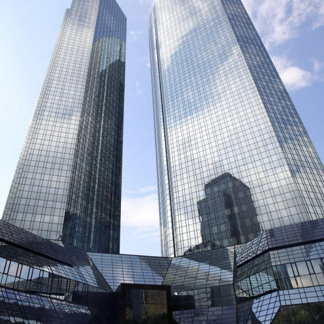 A photo taken on August 13, 2021 shows the Deutsche Bank headquarters during a demonstration called by Fridays for Future, Greenpeace, KoalaKollektiv and others to protest against bank investments in fossil fuels, in Frankfurt am Main, western Germany.,Image: 626921916, License: Rights-managed, Restrictions:, Model Release: no, Credit line: ARMANDO BABANI/AFP/Profimedia