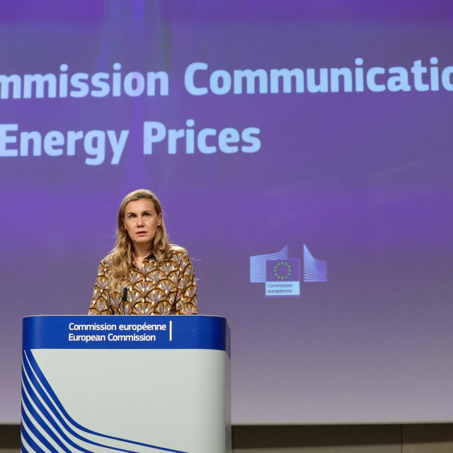 Commissioner for Energy Kadri Simson holds a press conference after the College of Commissioners' meeting laying out the European Commission actions on energy prices increase at the European Commission headquarters, in Brussels on October 13, 2021. (Photo by Aris Oikonomou/AFP)