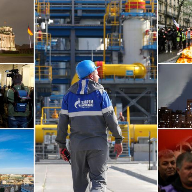 Lijevo: Berlin, Rim, Beč; u sredini: radnik Gazproma na plinovodu Sjeverni tok 2; desno: Pariz, Bratislava, Sofija