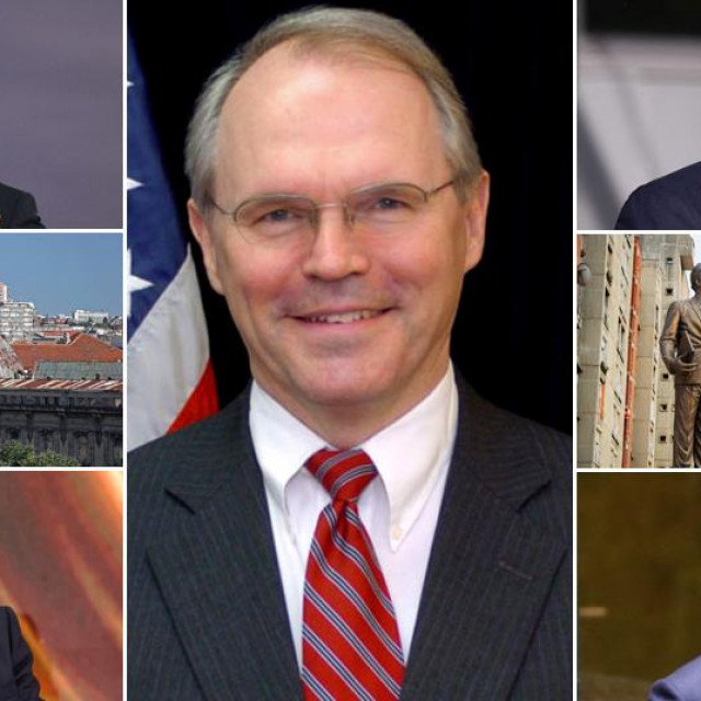 Lijevo: Aleksandar Vučić, Beograd, Milorad Dodik; u sredini: Christopher R. Hill; Albin Kurti, Priština, Milo Đukanović