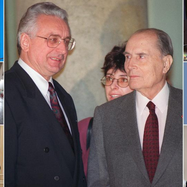 Lijevo: Jean-Marie Le Pen, gradnja eksperimentalnog nuklearnog fuzijskog stroja/reaktora u Francuskoj u sklopu projekta ITER u kojem sudjeluje i Hrvatska, Jadranka Kosor i François Fillon; sredina: Franjo Tuđman i François Mitterrand; desno: Jacques Chirac i Stipe Mesić, Dassault Rafale i Emmanuel Macron i Andrej Plenković
