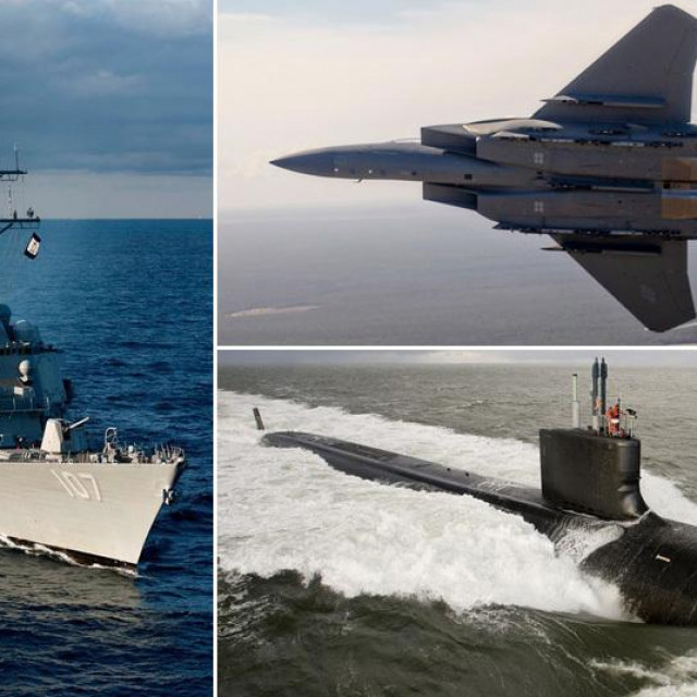 razarač klase Arleigh Burke USS Gravely, borbeni avion F-15EX i nuklearna podmornica klase Virginia
